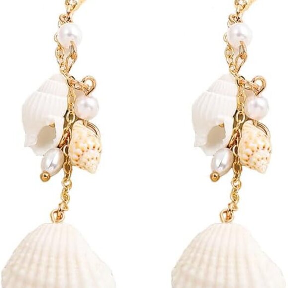 Sea Shell Faux Pearl Long Dangle Earrings Beach Holiday Jewelry for Women Girls - Picture 1 of 5